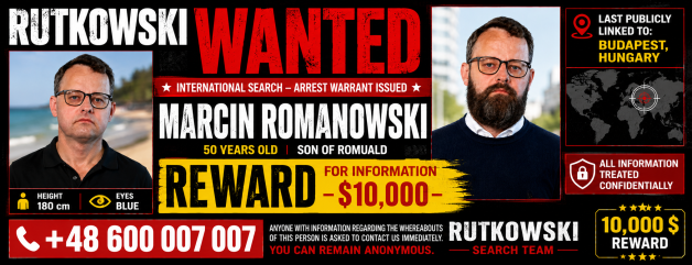 Odmena 10 000 $ za informácie vedúce k zisteniu pobytu hľadaného Marcina Romanowského